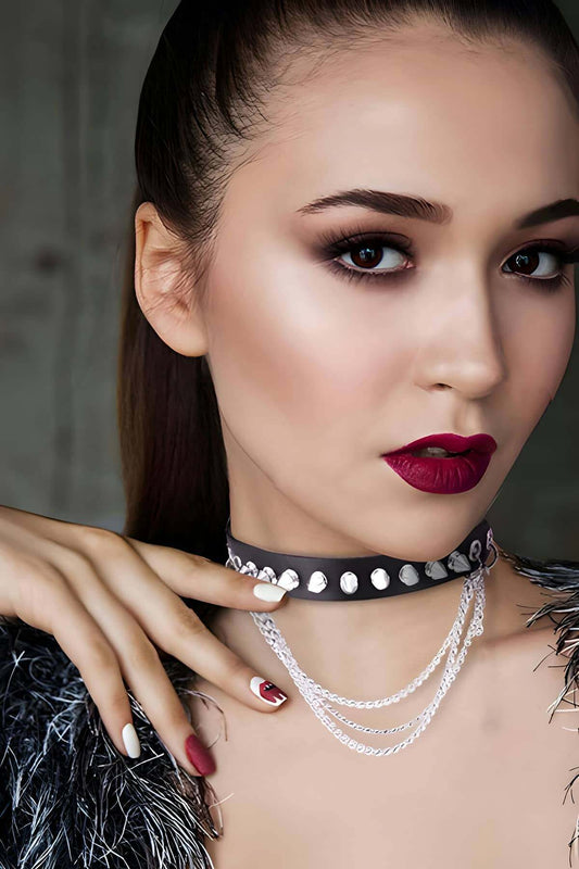 Leather Choker with Stud Detail, Studded and Chain Collar