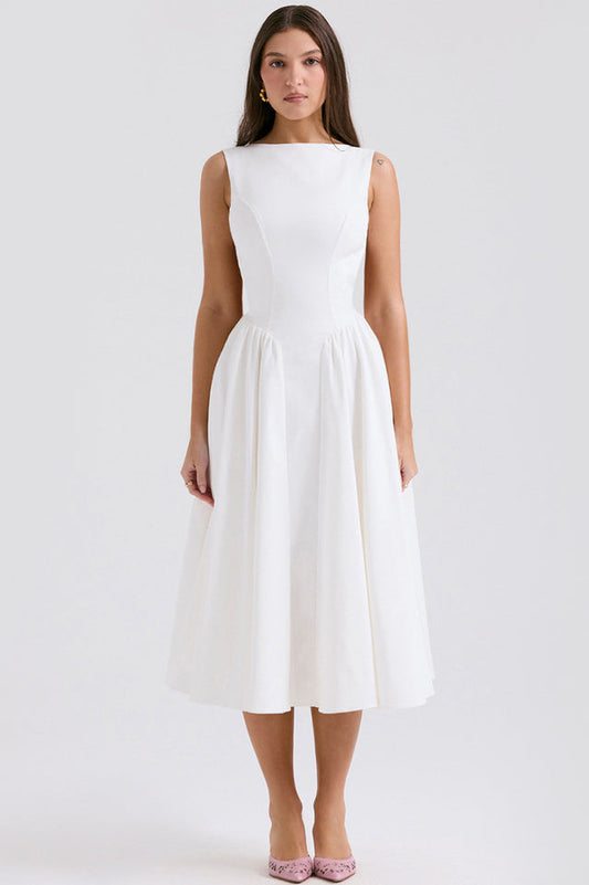 Cindy White Twill Midi Sundress