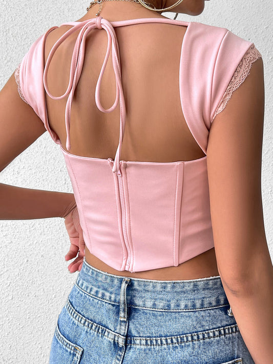 Backless Lace Spliced Boning Corset Crop Top