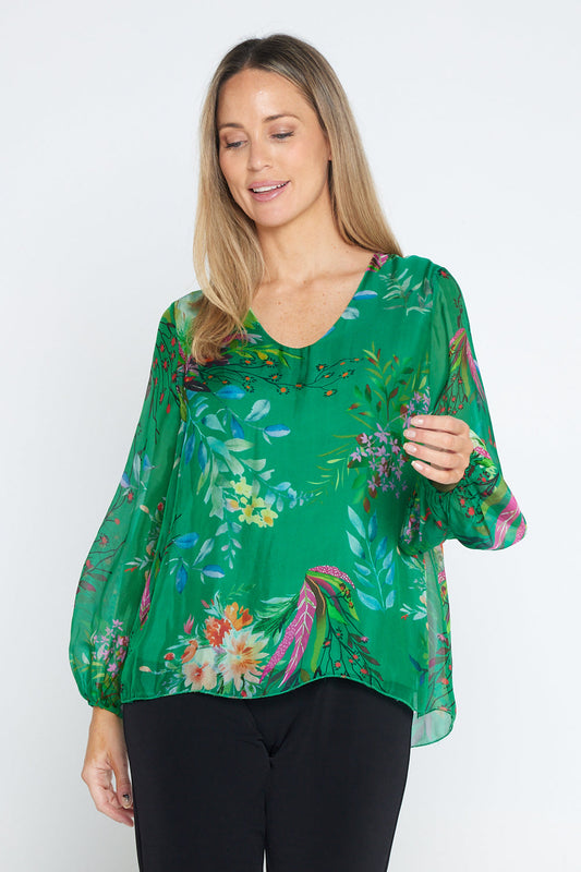 Sierra Long Sleeve Silk Top - Emerald Botanical