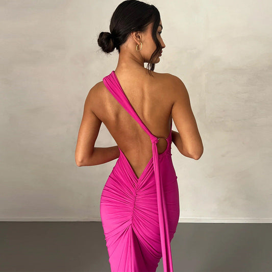 Sloping Neck Midi Tight Wrap Cocktail Dress