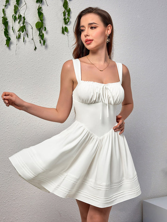 Ruched Bust Tie Front Pleated Hem Cami Dress