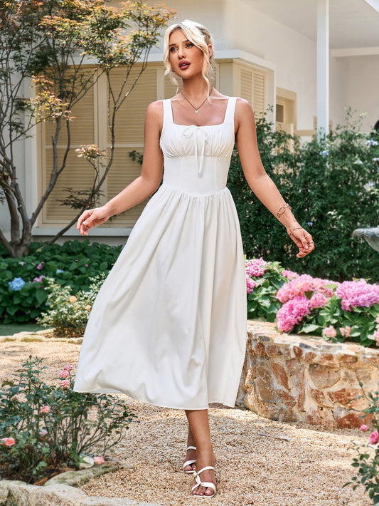 Tie Front Square Neck Shirred Ruched Sundress