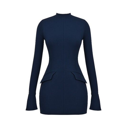 DARK BLUE Mini Dress with Pockets and Long SleeveS