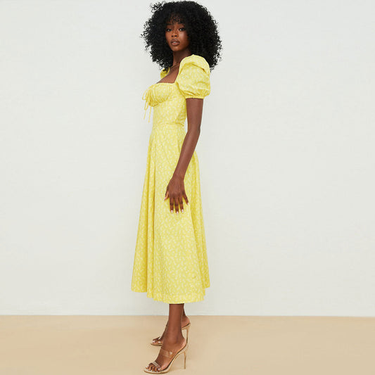 Daisy Printed Puff Sleeve High Slit Smock Maxi Sundress - Dark Yellow