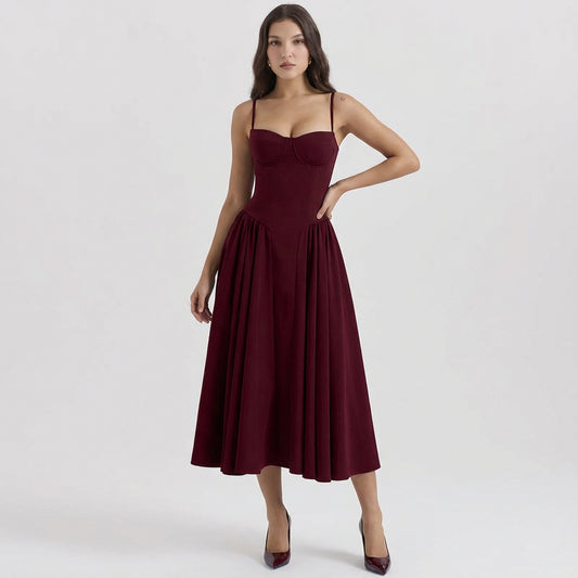 Beau Burgundy Pleated Midi Dress
