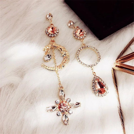 Korean Baroque Water Drop and Moon Circular Crystal Dangle Earrings