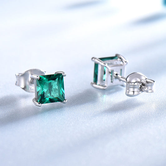 Korean Authentic 925 Sterling Silver Emerald Gemstone Woman Stud Earrings