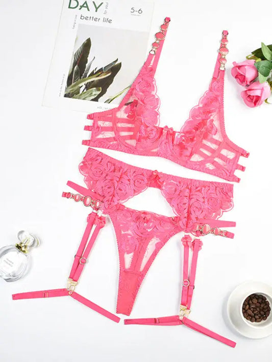 Roses Are Red - Embroidered 3-Pieces Garter Lingerie Set
