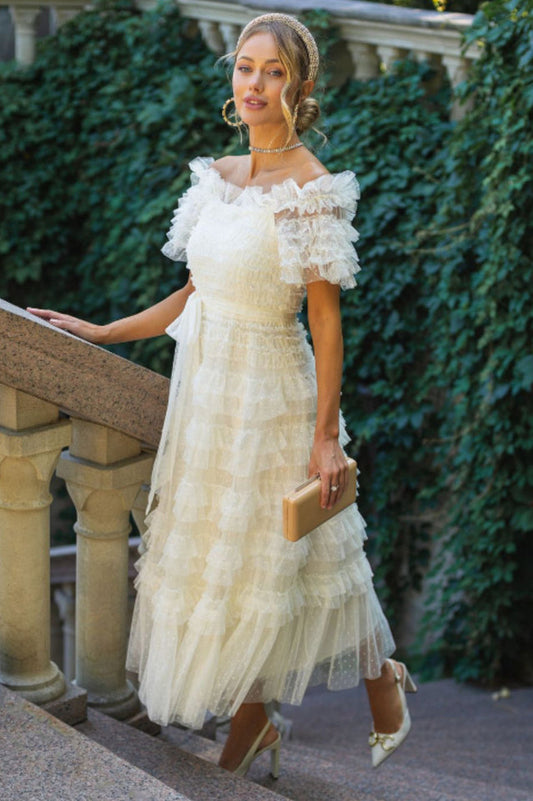 Off Shoulder Dotted Tulle Maxi Dress