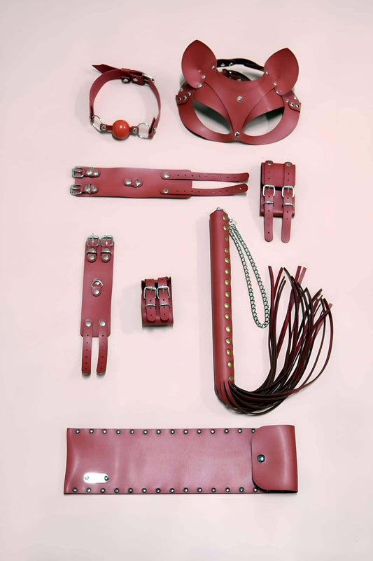 Whip Handcuff Set, Set of 5, Hand - Foot Handcuffs, Mask, Mouth Ball