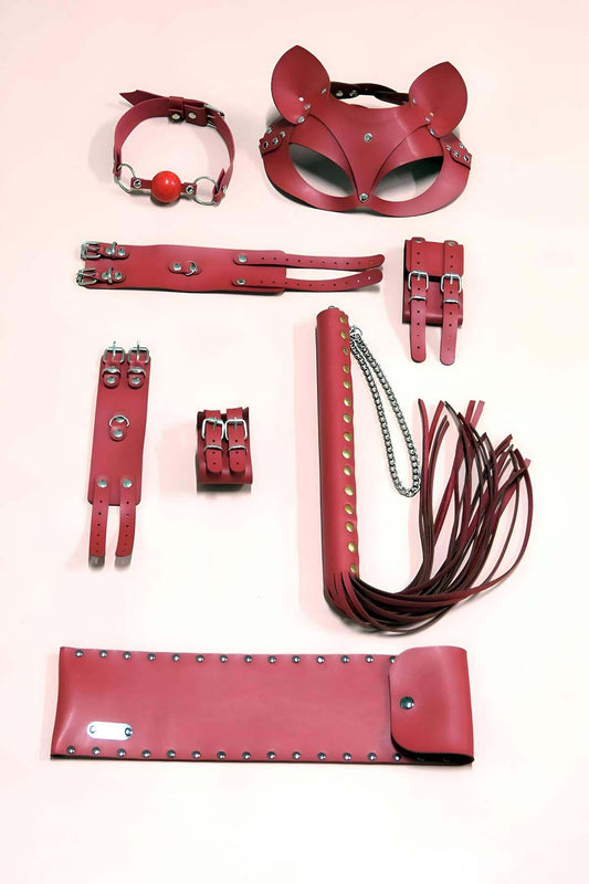Whip Handcuff Set, Set of 5, Hand - Foot Handcuffs, Mask, Mouth Ball