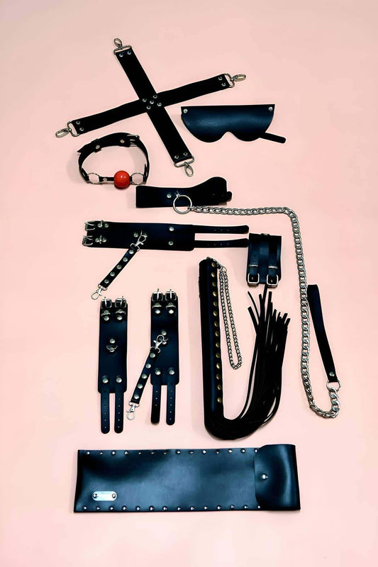 Whip Handcuff Set, 7 Piece Fantasy Handcuff Set, Hand-Foot Handcuffs, Mask, Mouth Ball