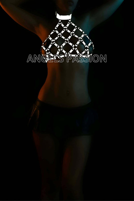 Sexy Mesh Look Reflective Harness Over Chest - Glows in the Dark