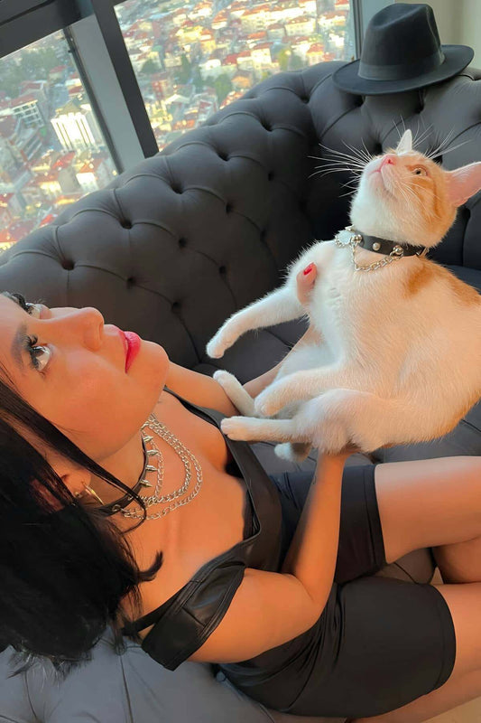 Stylish Mother-Cat Choker Set with Nail and Chain Details