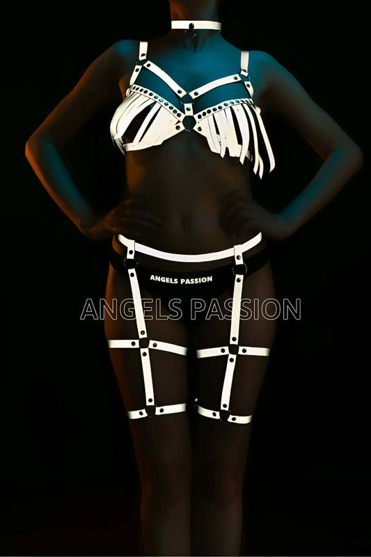 White Reflective Tassel Bra Garter Set