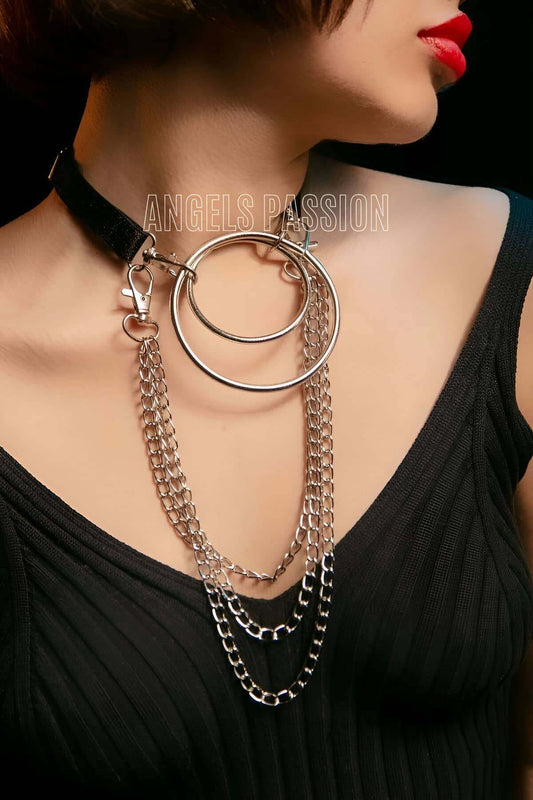 Harness Necklace, Stylish Rubber Choker Harness, Ring Detailed Collar