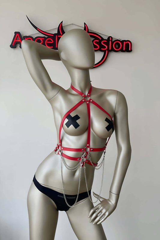 Stylish Leather Harness with Red and Chain Details