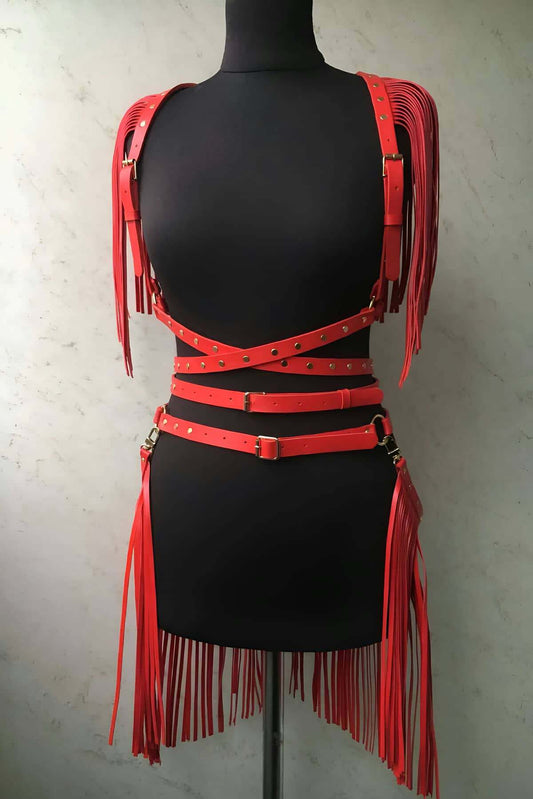 Stylish Red Leather Skirt - Jacket Set with Tassel Detail, Leather Skirt and Jacket Set