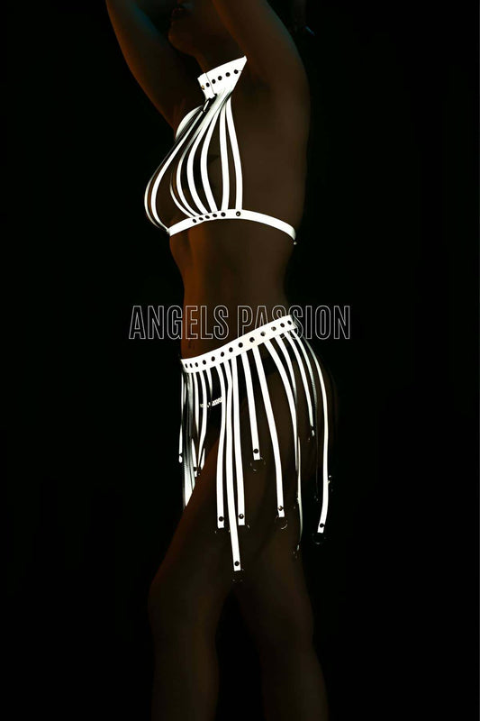 Sexy Tassel Reflective Skirt Bustier Set