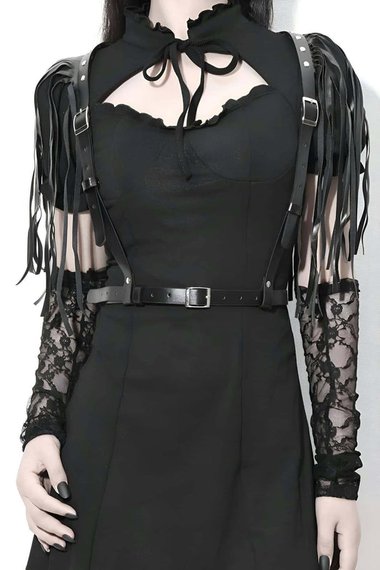 Stylish Leather Waist Belt Harness with Tassels on Shoulder