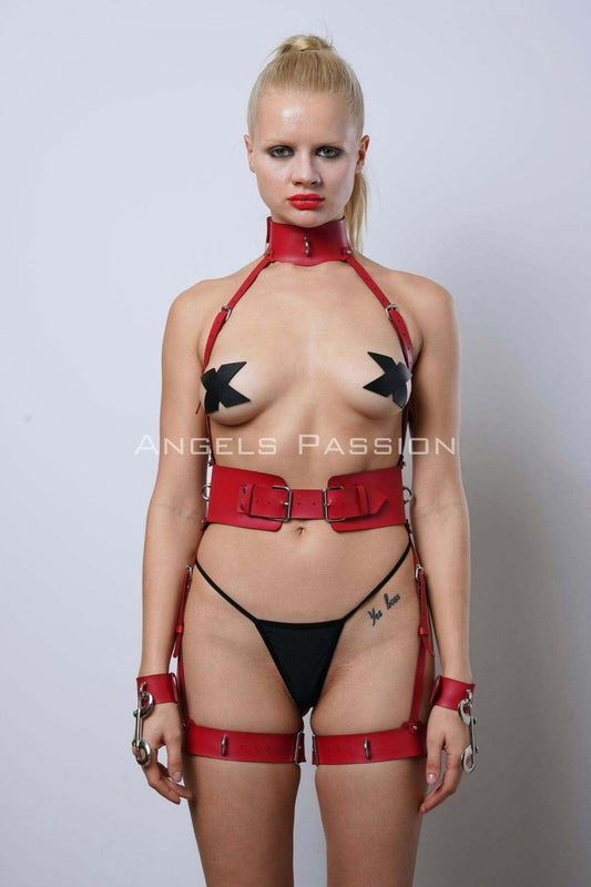 Neck Cuffed Harness Set, Leather Fantasy Underwear Set
