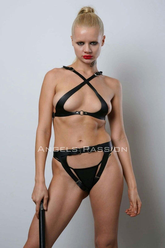Whip Leather Fantasy Set, Crotchless Leather Panties Fantasy Clothing, Stylish Leather Underwear Set