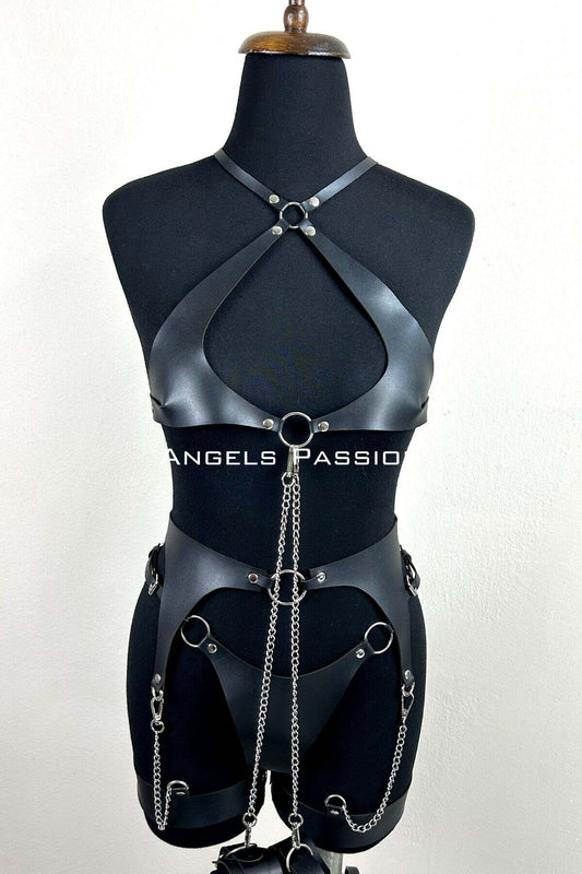 Stylish Leather Garter Set with Chain Details, Stylish Fantasy Set, Leather Underwear