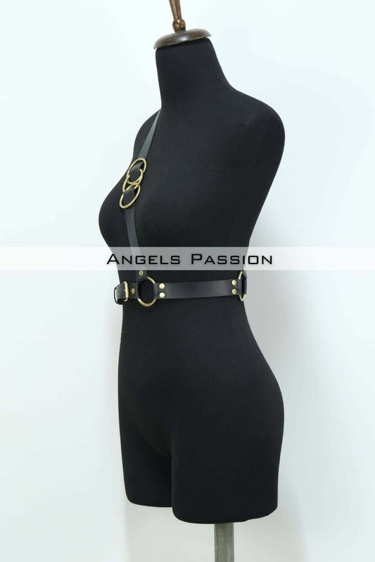 Single Strap Leather Waist Belt Over Chest with Yellow Accessories, Sexy Accessory