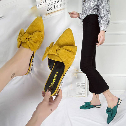 Canvas Bonded Leather Solid Color Pointed Toe with Luxury Low Heels Women Mules Shoes