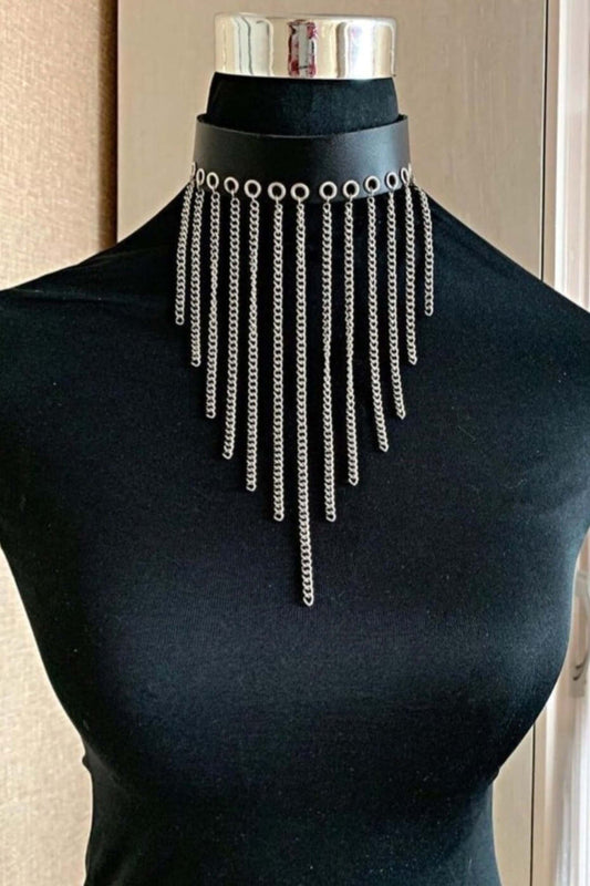 Leather Choker with Chain, Stylish Leather Collar