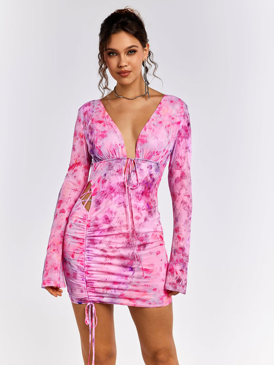 Deep V-Neck Backless Tie Floral Dress