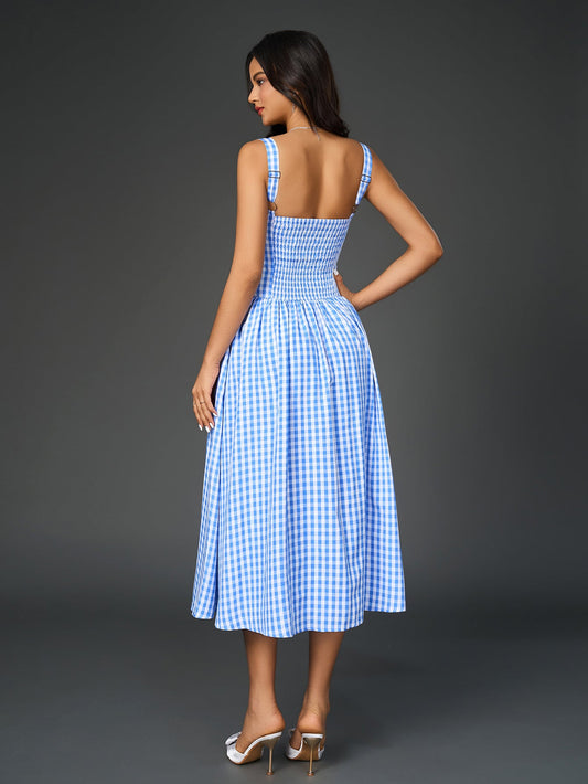 Embellished Lace Trim Pocket Plaid Print Midi Dress
