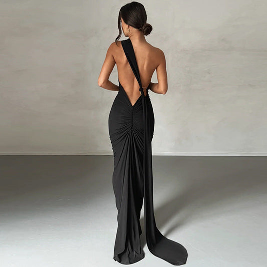 Sloping Neck Midi Tight Wrap Cocktail Dress