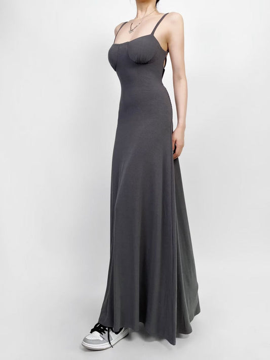 Anabella Black Lace Up Maxi Dress - Grey