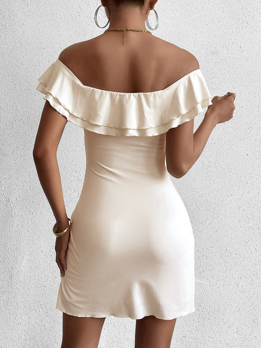 Off Shoulder Ruched Twist Front Mini Dress