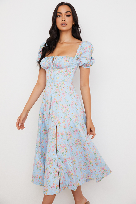 Blue And Pink Vintage Print Midi Skirt