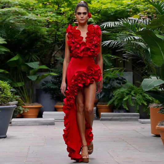Red Flower Bodysuit and side slit maxi skirt