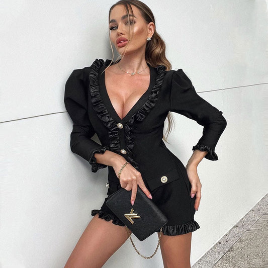 FeMinine Ruffle Trim Button Detail V Neck Puff Sleeve Mini Bandage Dress - Black
