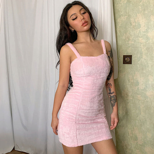 Fuzzy Faux Fur Solid Color Sleeveless Bodycon Mini Dress - Pink