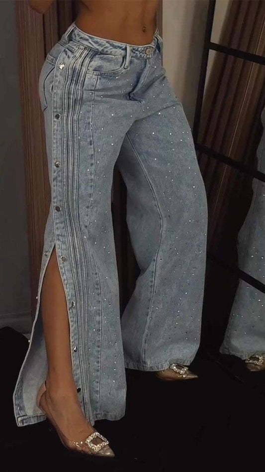 Starlit Side-Slit Denim – Rhinestone Glow Edition