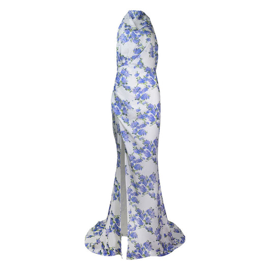 Refine Halter Ruched Flora Backless Maxi Dress