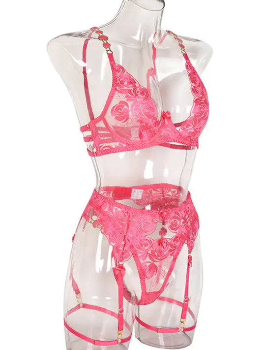 Roses Are Red - Embroidered 3-Pieces Garter Lingerie Set