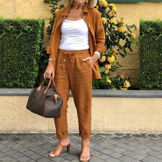 Sophia™ Elegant Cotton Linen Long-Sleeve Blouse and Pants Set