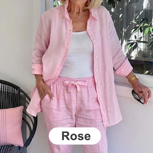 Sophia™ Elegant Cotton Linen Long-Sleeve Blouse and Pants Set